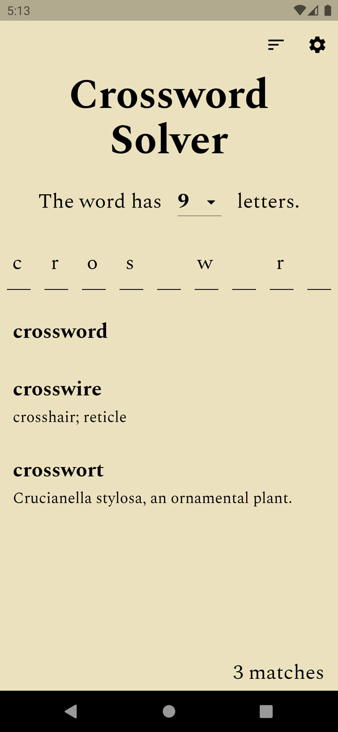 a screenshot of the app interface with words matching the input entered