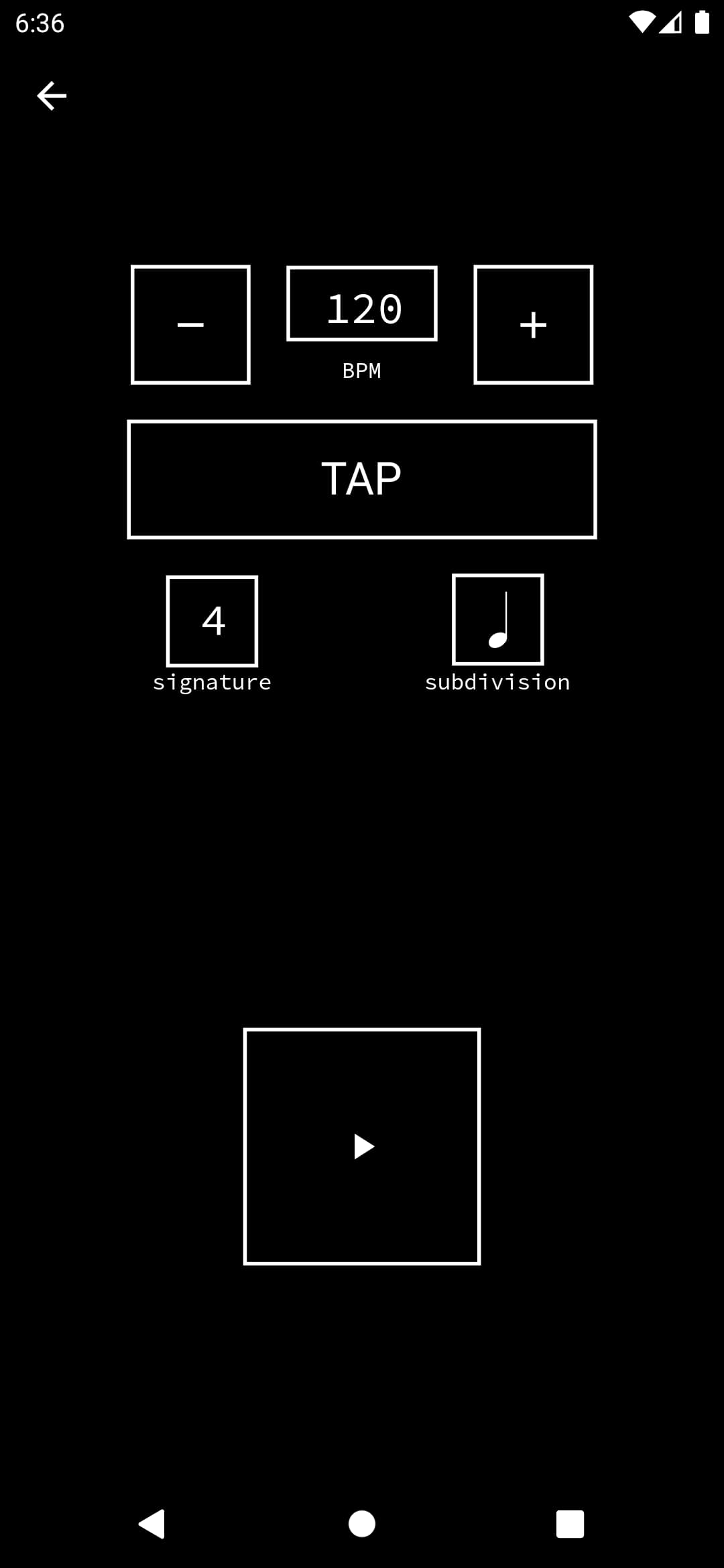 a screenshot of the metronome interface, showing a BPM of 120 with + and -buttons, and fields to enter a time signature or subdivision