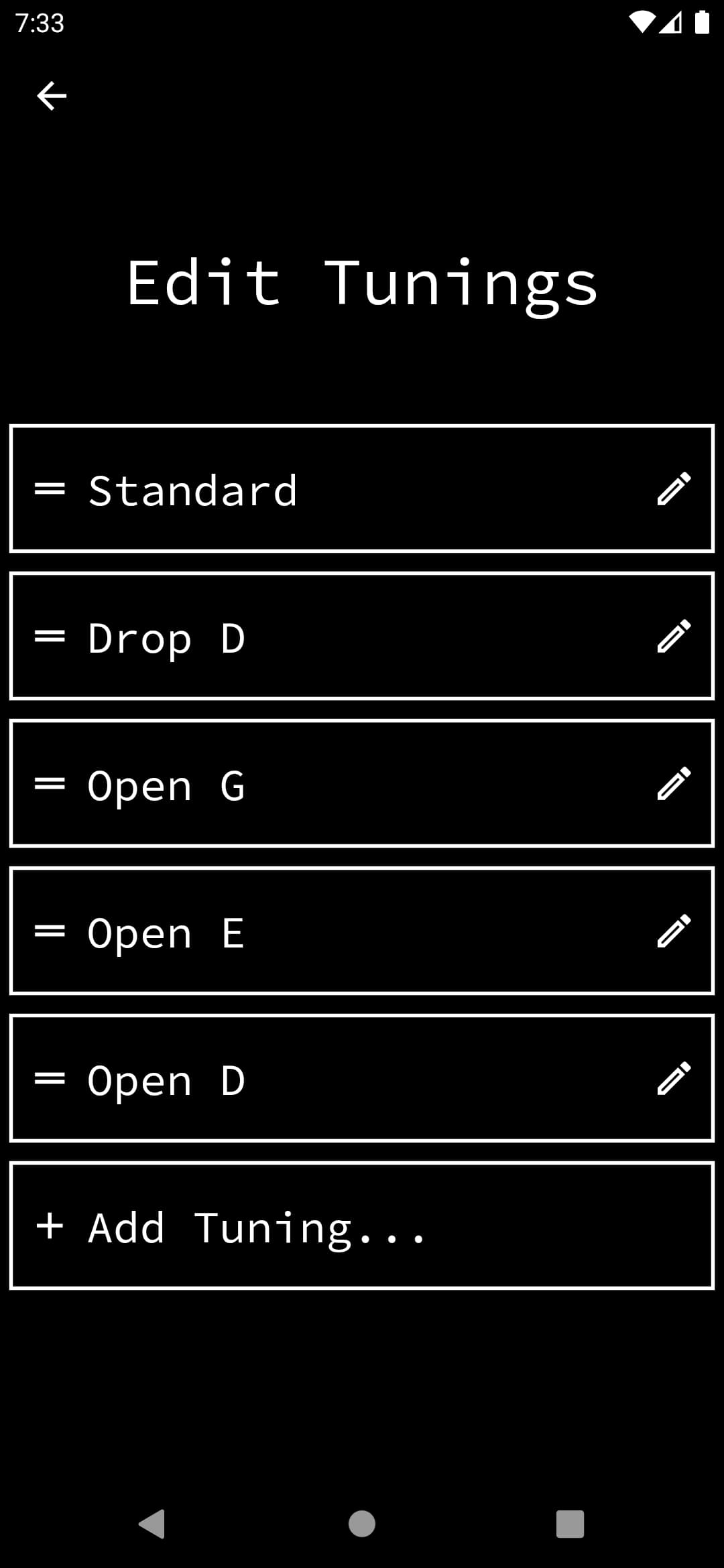 a screenshot of the list of saved tunings, including the option to edit each tuning