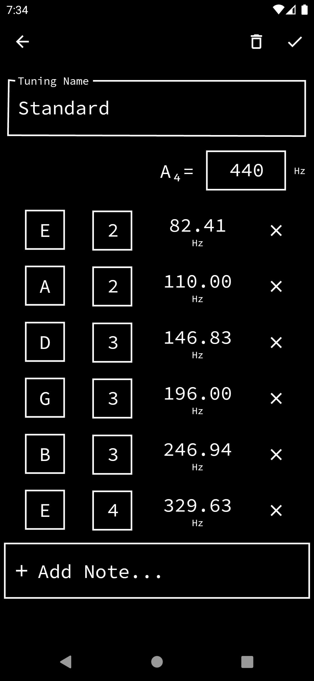 a screenshot ofthe editing interface for a tuning, allowing you to edit individual notes