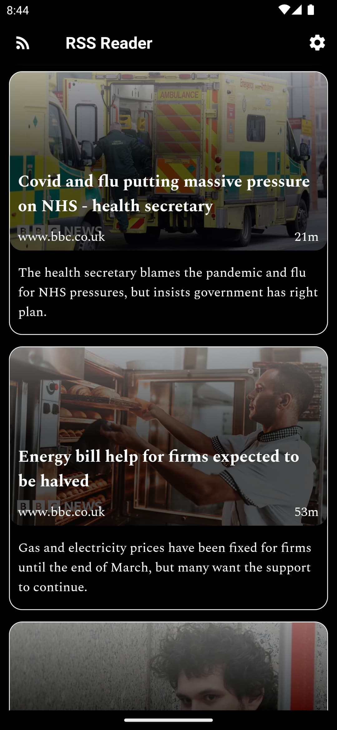 a screenshot of the app interface, showing apopulated news feed